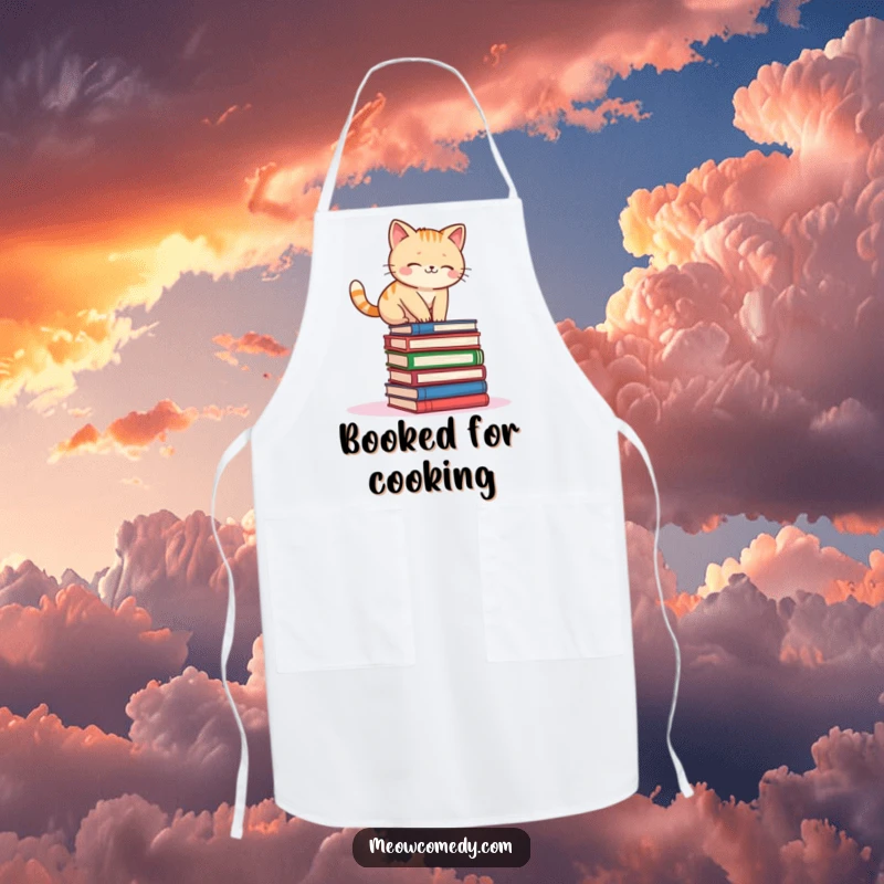 Funny kawaii cat balancing precariously on a stack of books, a whimsical and functional apron.
