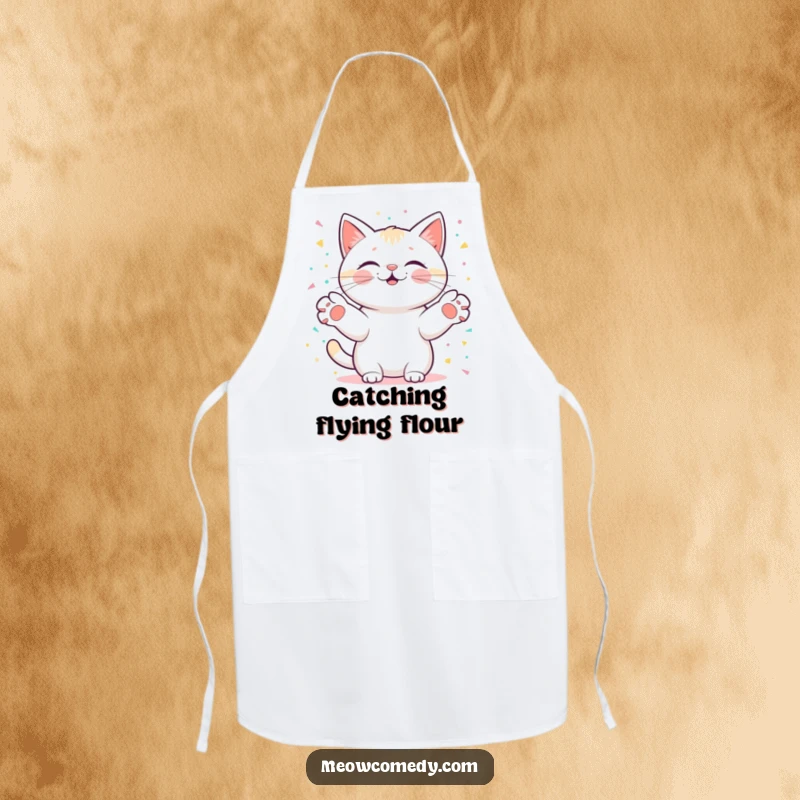 Funny kawaii cat with paws outstretched, catching digital confetti, perfect for a celebratory and joyful cooking experience on an apron.