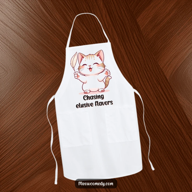 Funny Cat Apron: A whimsical apron featuring a playful cat reaching paws out to bat a feather.
