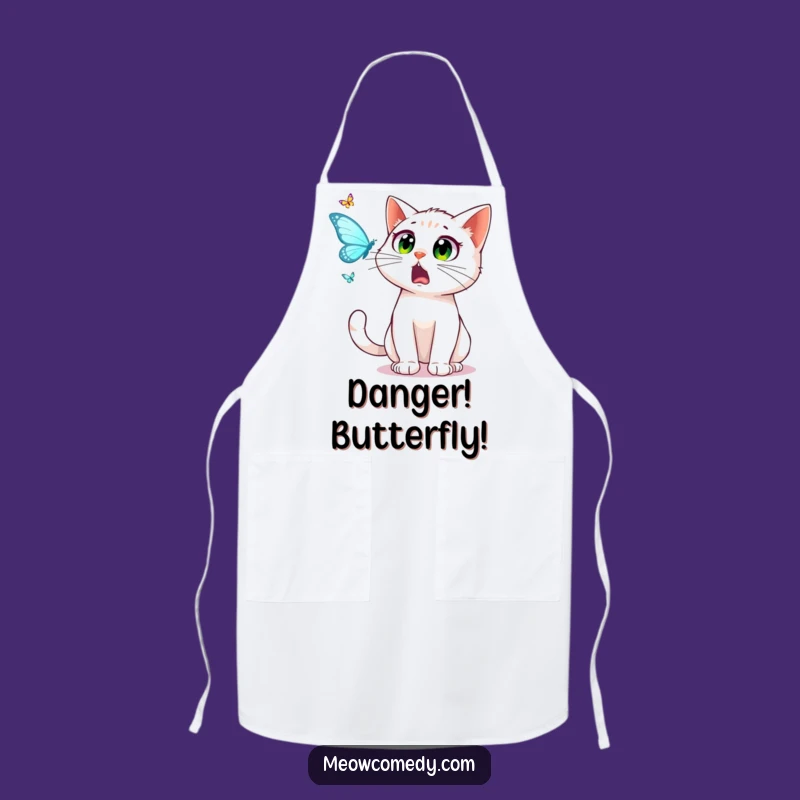 Funny Cat Apron: Startled Chef Cat Chasing Butterfly, Kitchen Gift