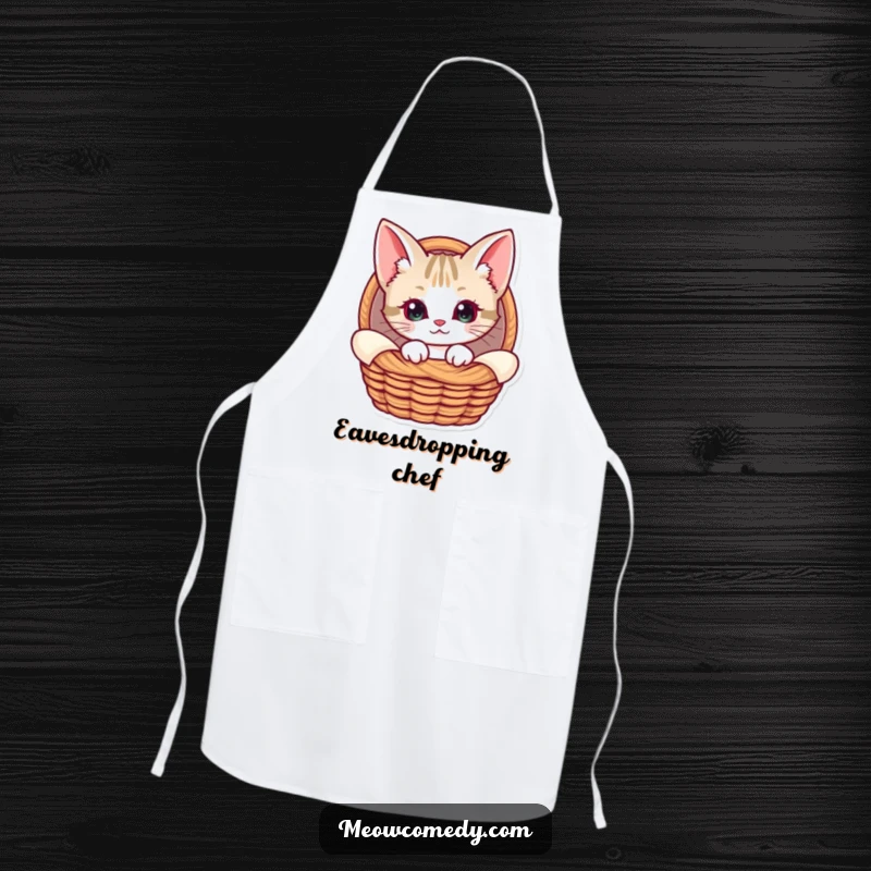 Funny Kawaii Cat Apron, showing a curious cat with large ears peeking from a basket, ideal for kitchen fun and protecting outfits with charm.