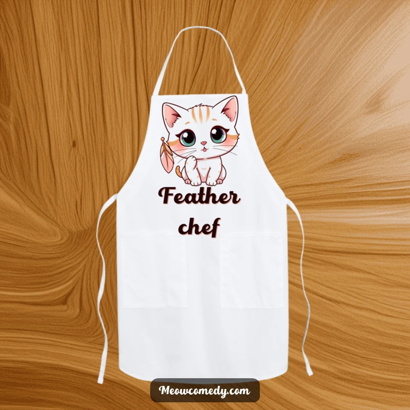Funny kawaii cat batting at a dangling feather, cute and humorous apron for kitchen fun.