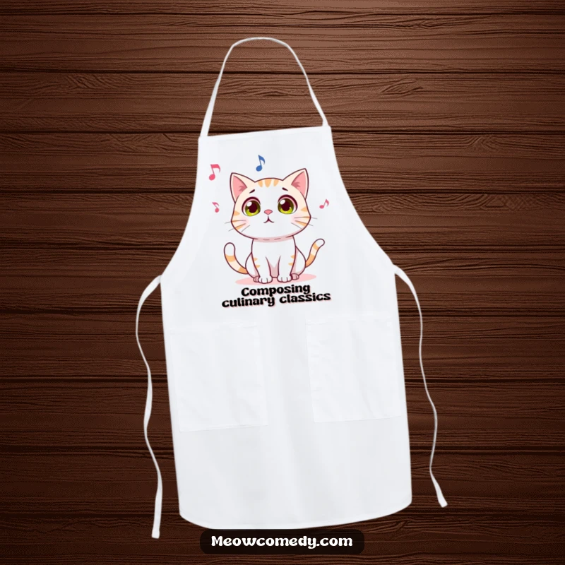Funny apron showing a wide-eyed cat staring in amazement at a playful dancing musical note, ideal for kitchen entertainment.