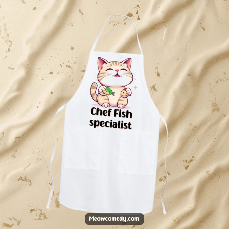 Funny content cat, purring loudly, juggling three small fish toys on a kitchen apron, adding humor to cooking, ideal gift.