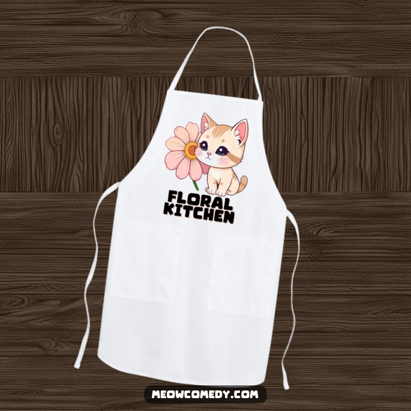 Funny Cat Apron featuring a curious cat with whiskers extended, sniffing a large, colorful flower.