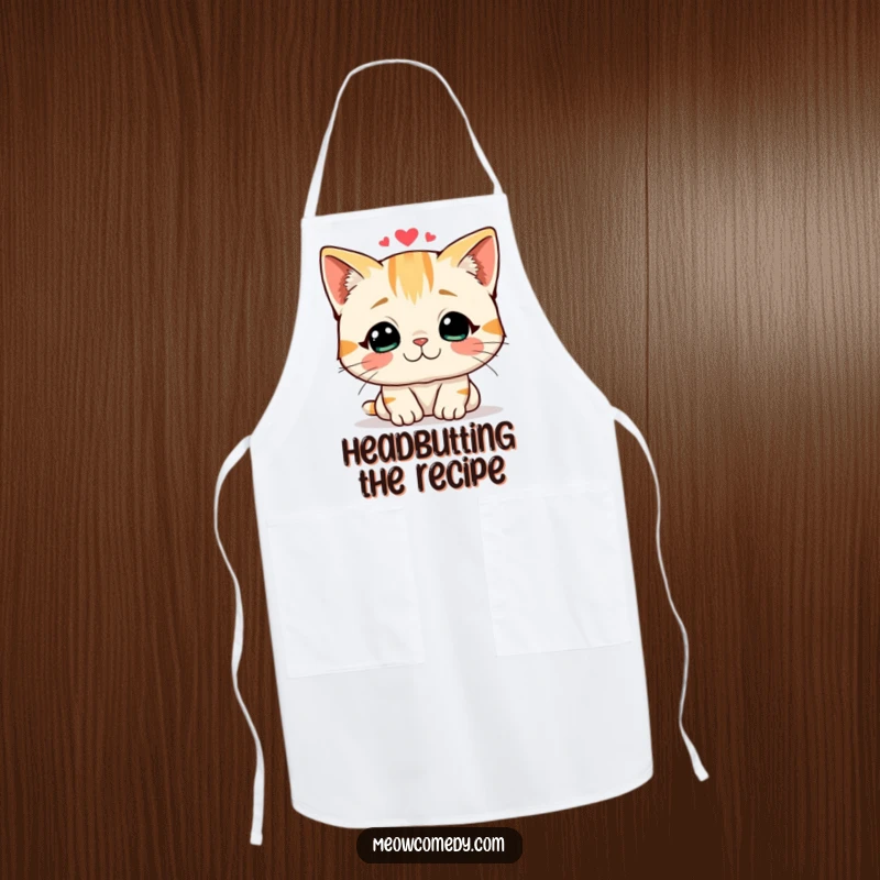 Funny apron showing a friendly cat giving a loving headbutt, perfect for cooks who share affection.