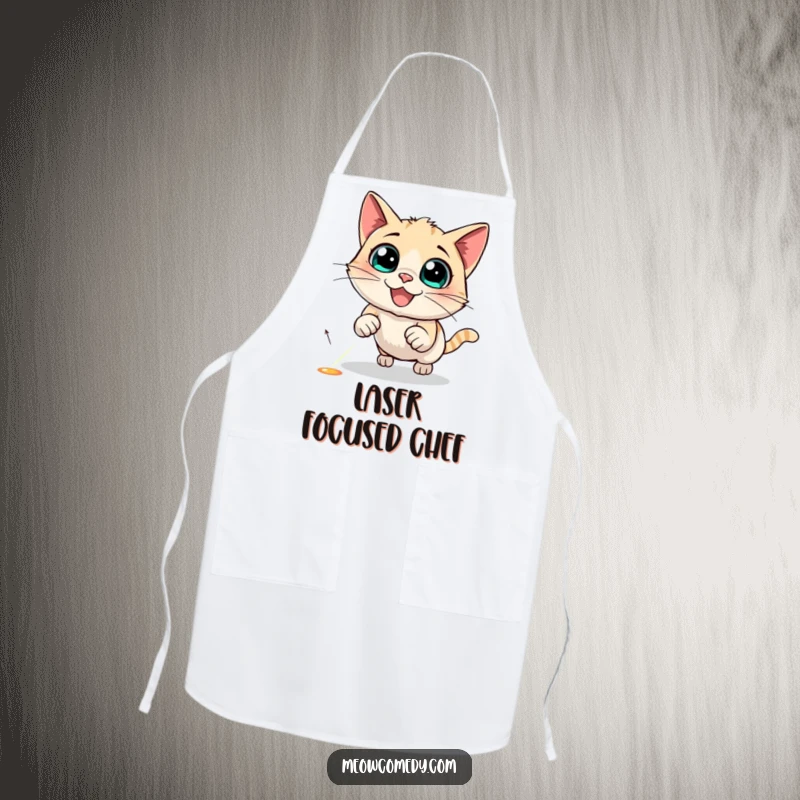 Funny Cat Apron with a black cat mid-pounce, eyes wide, energetically chasing a red laser dot.