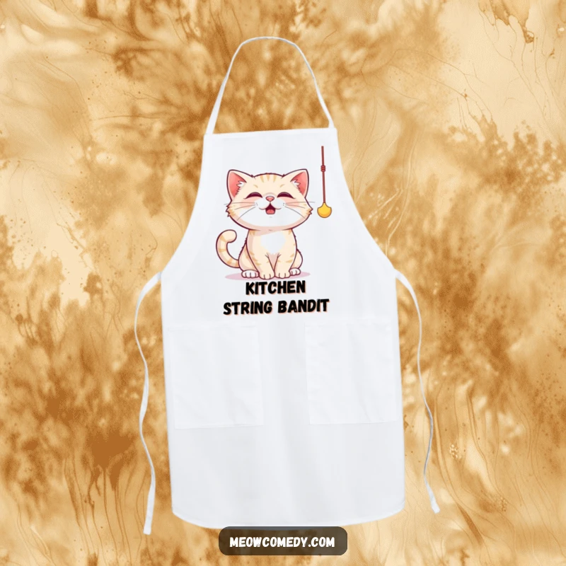 Funny cat apron depicting a cat joyfully batting at a dangling string toy with its paws, full of playful energy.