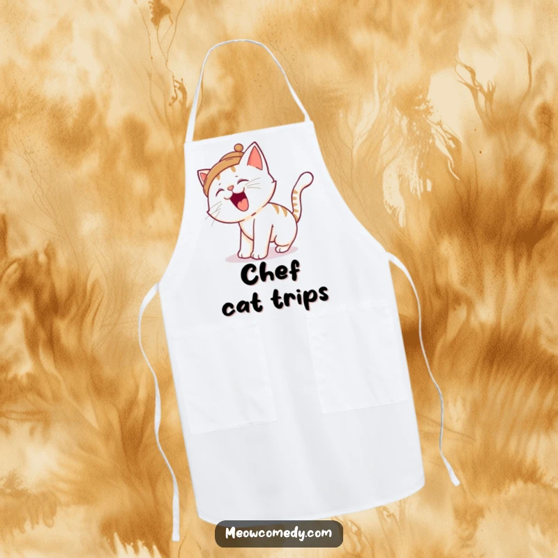 Funny cat apron, for kitchen fun, a silly cat trips over its tail, functional and humorous kitchen wear.