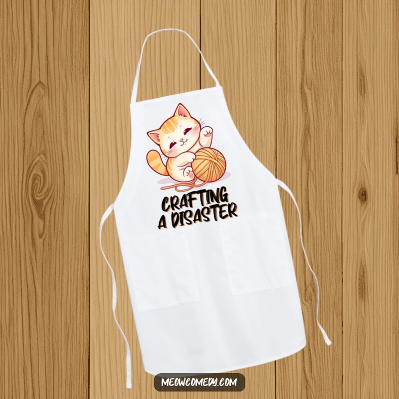 Funny cat yarn apron, depicting a playful cat tumbling with string, practical for cooking with a dose of humor.
