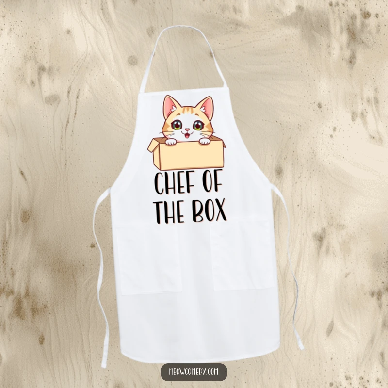 Funny Cat Apron: A playful cat peeking out from a box, wearing a chef's hat, ready to help in the kitchen.