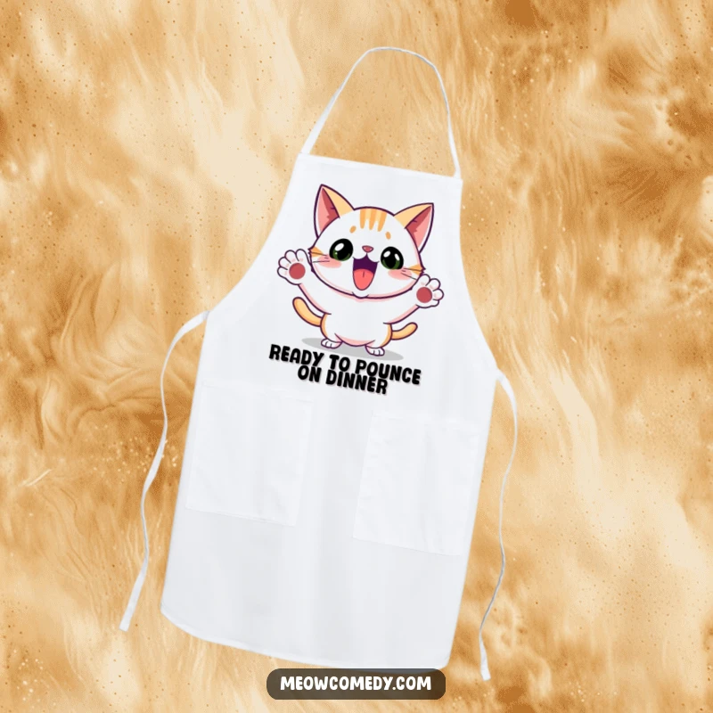 Funny apron featuring an excited cat performing a playful pounce with paws out, ready for kitchen adventures.