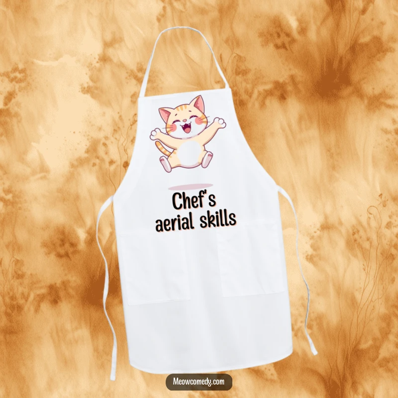 Funny graceful cat leap apron, depicted mid-air with elegance, practical for cooking with a touch of feline flair.