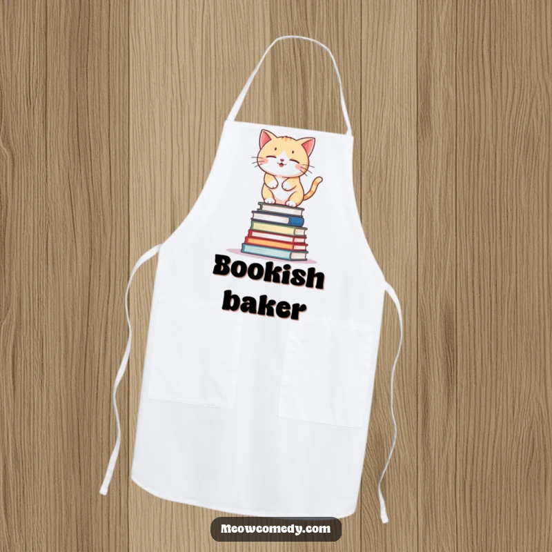 Funny kawaii cat balancing on a wobbly stack of books, cute and humorous apron for book lovers.