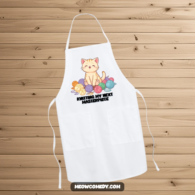 Funny kawaii cat wearing a cooking apron, pleased amidst scattered yarn, a humorous gift for bakers and chefs.