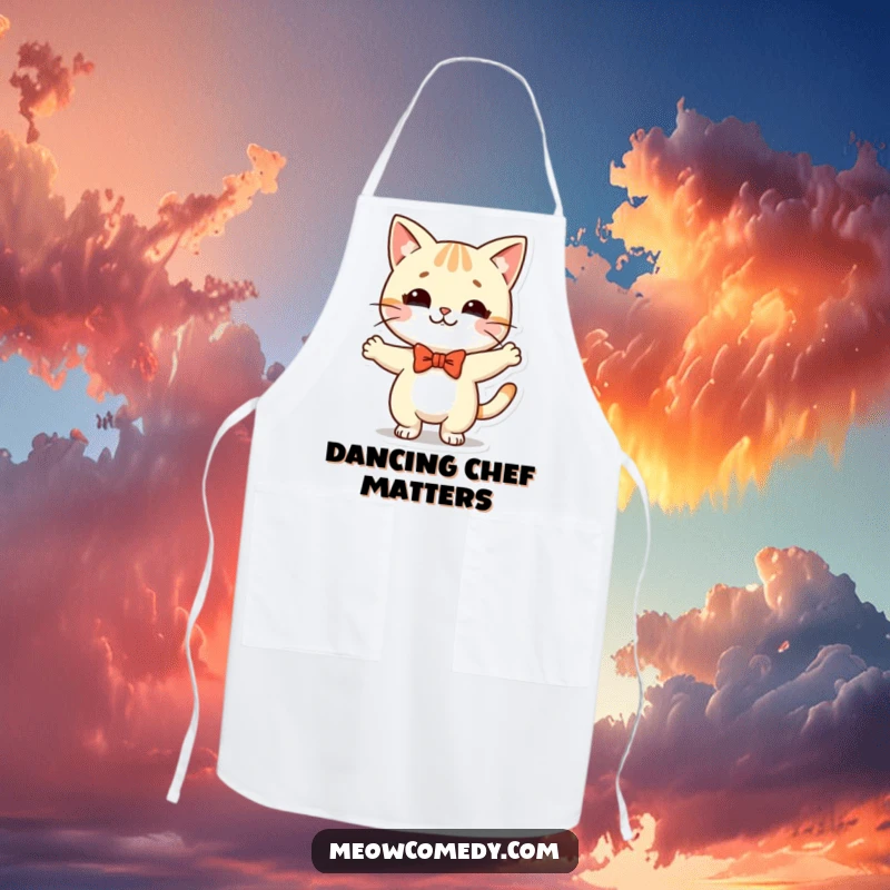 Funny Kawaii Cat Apron: a cute cat in a bow tie, dancing silly, ideal for kitchen fun and feline flair.