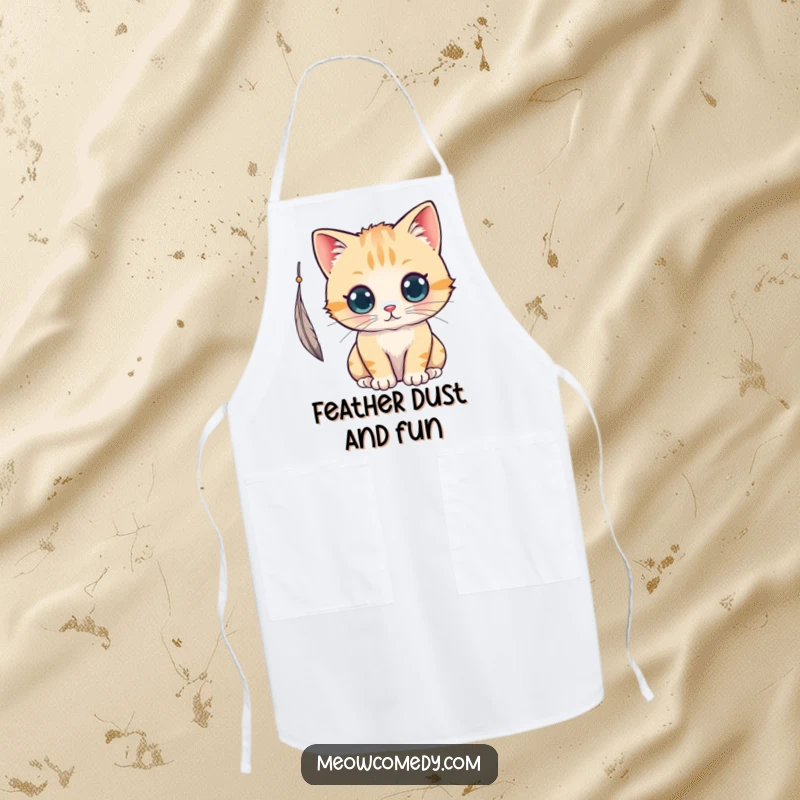 Funny kawaii cat with curious eyes batting at a feather, a whimsical and functional apron.