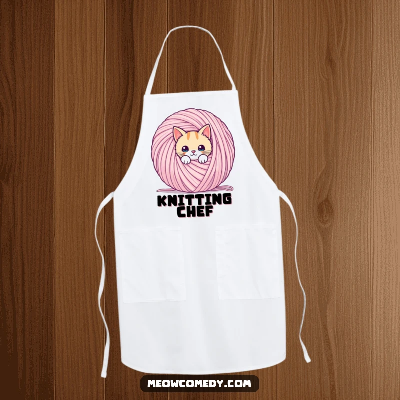 Funny cooking apron featuring a kawaii cat peeking from behind a giant ball of yarn, adding playful humor.
