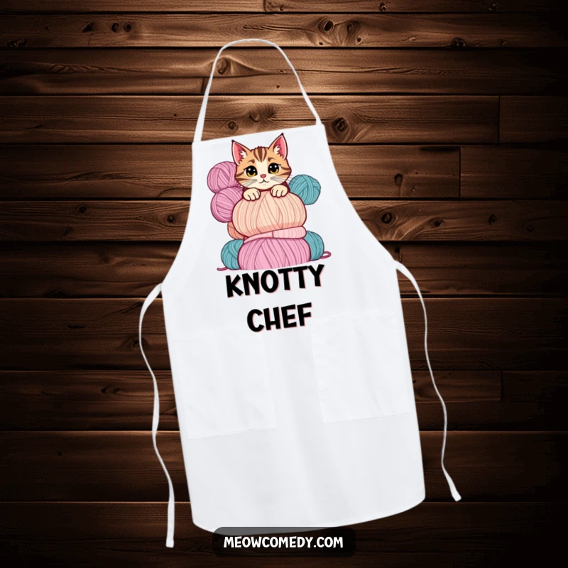 Funny cat apron depicting a mischievous cat peeking playfully over a tall stack of colorful yarn balls.