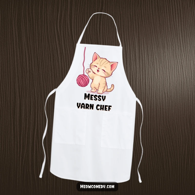 Funny Playful Kitten Apron: A kitten batting at a ball of yarn is featured on this humorous and charming kitchen apron.