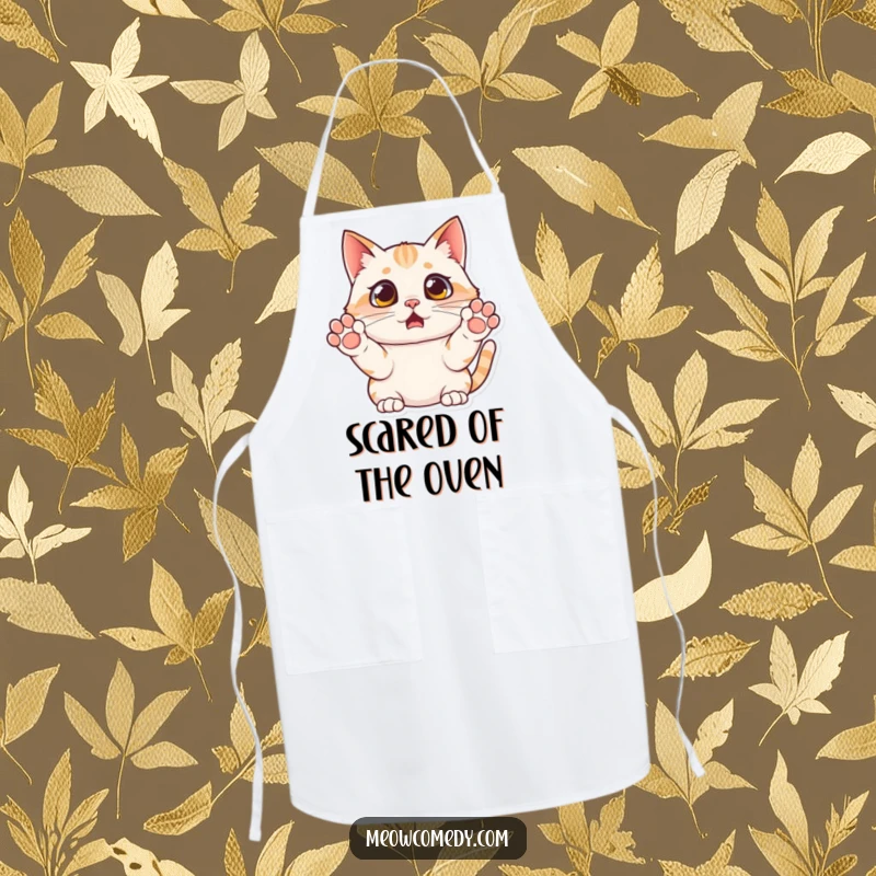 Funny surprised cat apron, paws up in mock fear, practical for cooking with a humorous and relatable expression.