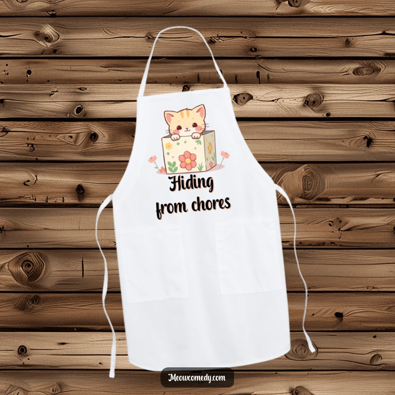 Funny kawaii cat peeking from inside a whimsical, decorated box, perfect for a playful and charming cooking experience on an apron.