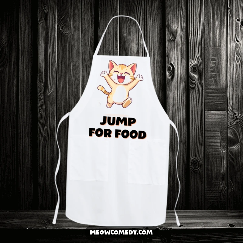Funny Cat Leap Apron: an energetic cat cub, performing a graceful leap, perfect for kitchen adventures with feline flair.