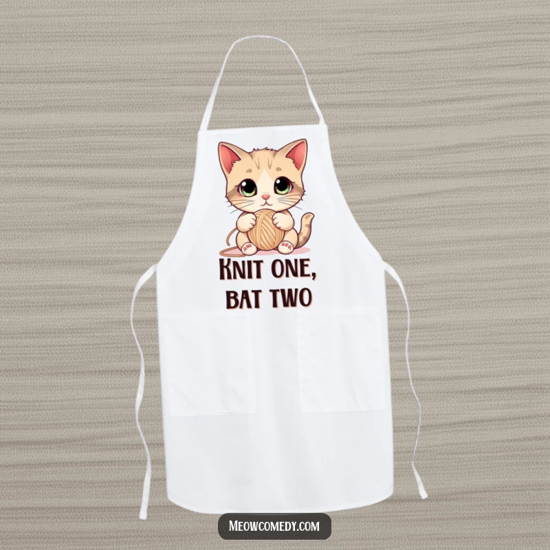 Funny Cat Apron illustrating a cute kitten with large eyes playfully batting a ball of yarn, bringing feline fun to the kitchen.