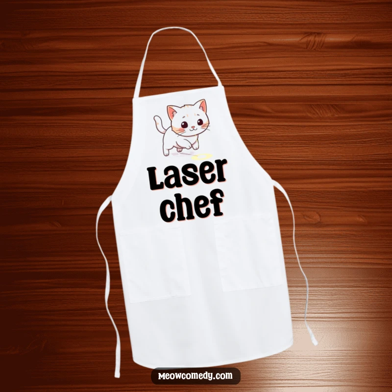 Funny kawaii cat playfully chasing a laser dot, cute and humorous apron for kitchen fun.
