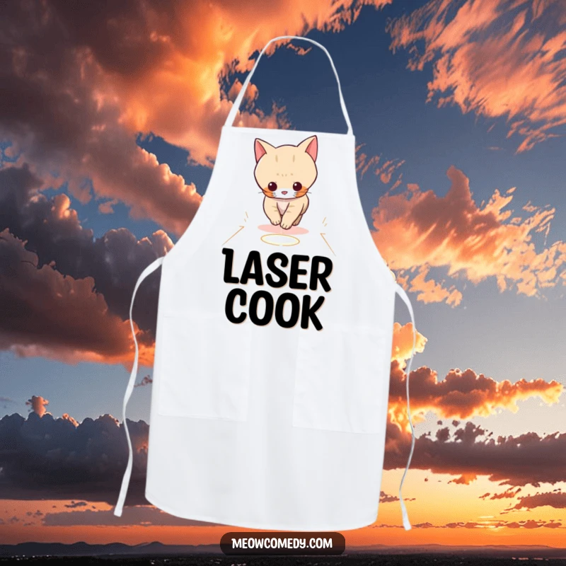 Funny cooking apron featuring a kawaii cat playfully chasing a red laser dot across a floor, adding playful humor.