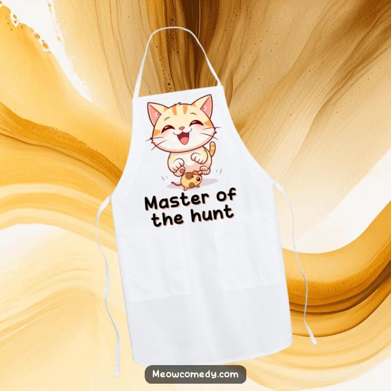 Funny Cat Apron: A whimsical apron design with a happy cat grinning widely while chasing a bouncing mouse toy.