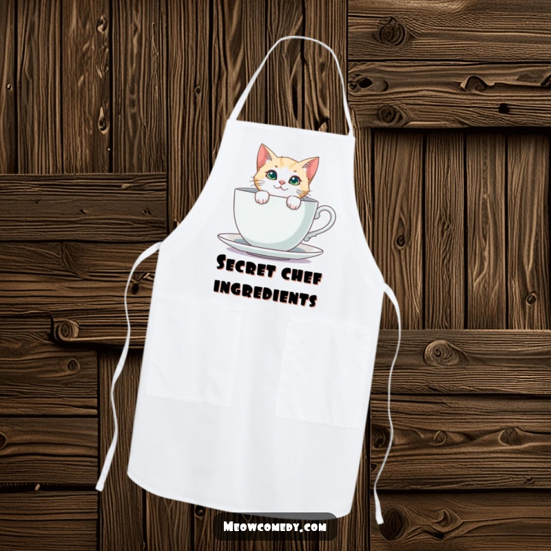 Funny Curious Cat Apron: A cat peeking from behind a giant teacup is featured on this humorous and charming kitchen apron.