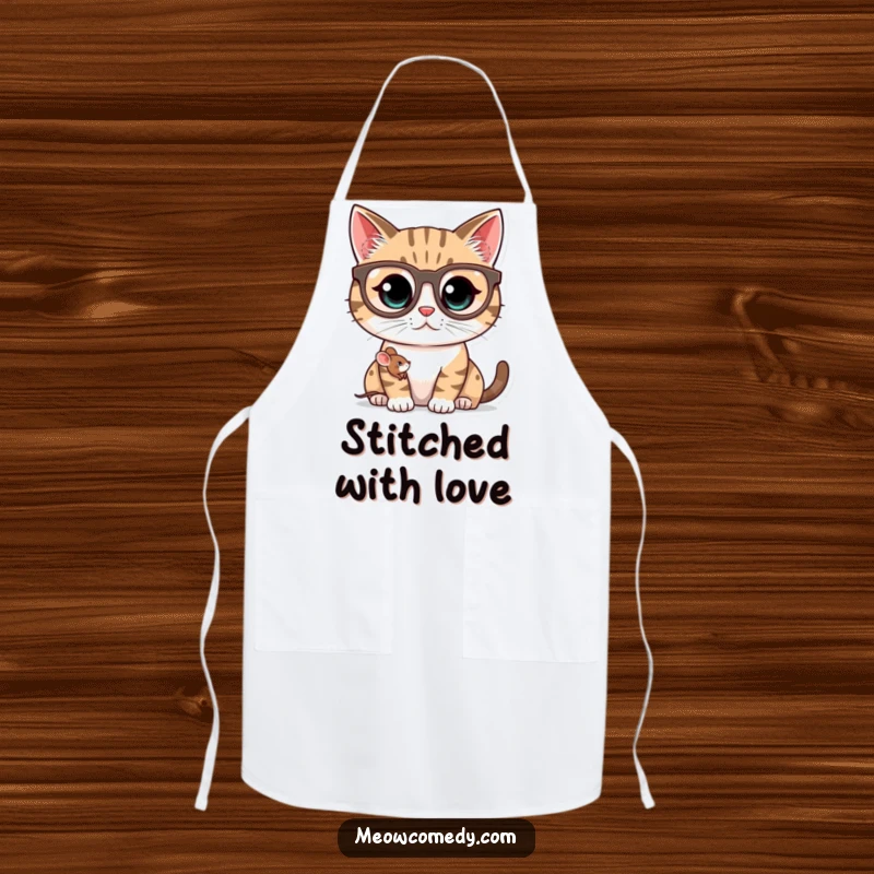 Funny kawaii cat wearing oversized spectacles, peering at a tiny mouse, a humorous and practical apron.