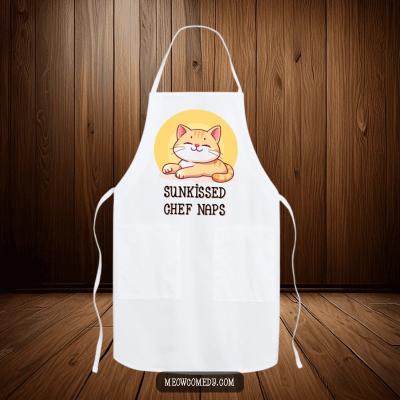 Funny Smiling Cat Apron illustrating a content cat stretching lazily in a sunbeam, bringing feline relaxation to the kitchen.