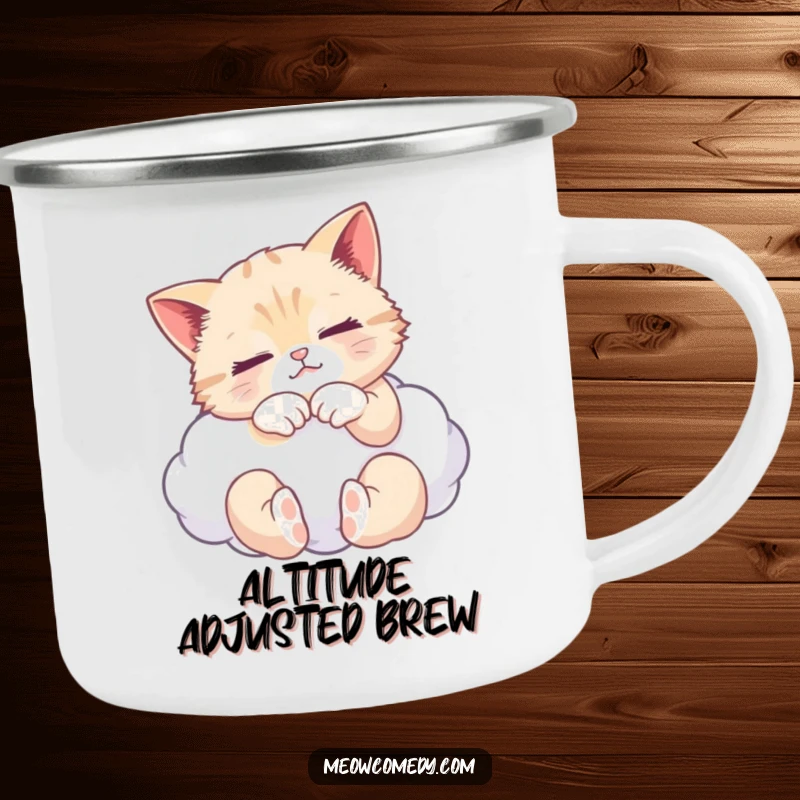 Funny enamel camping mug with a serene cat kneading a fluffy cloud, suitable for hot or cold beverages outdoors.