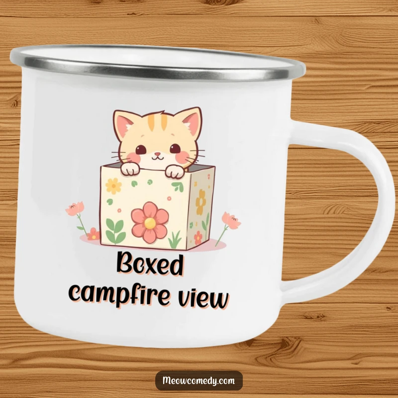 Funny kawaii cat peeking from inside a whimsical, decorated box, ideal for enjoying beverages with a touch of cute mystery outdoors.