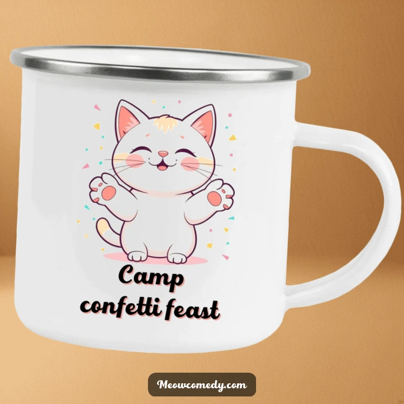 Funny kawaii cat with paws outstretched, catching digital confetti, ideal for enjoying beverages with a festive and joyful vibe outdoors.