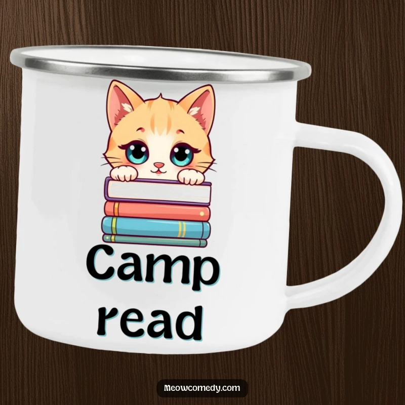 Funny Kawaii Cat Camping Mug: A cute cat peeking over books, durable and humorous for campers.