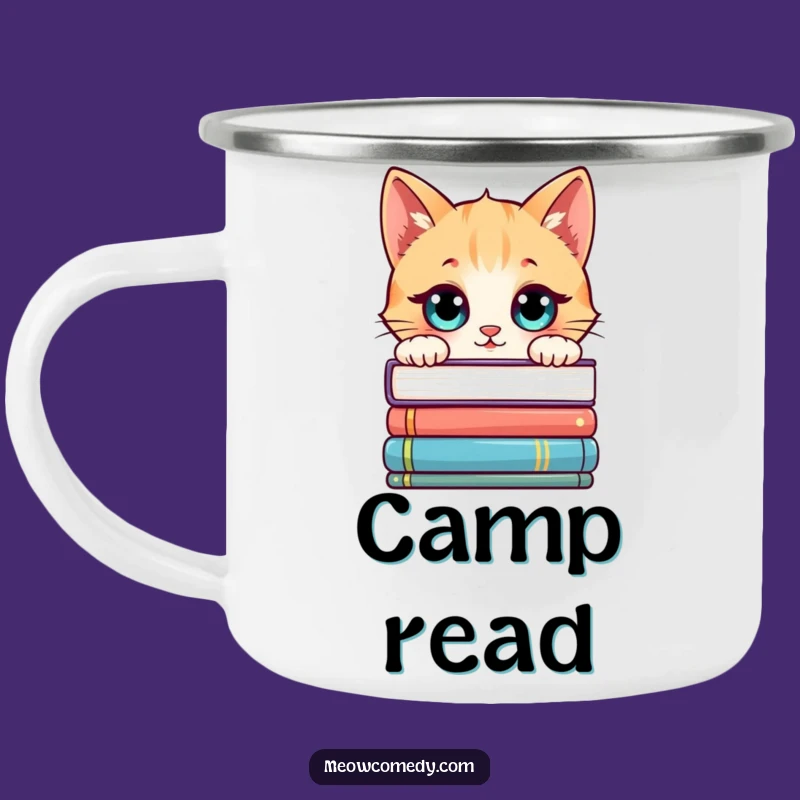 Funny Kawaii Cat Book Lover Camping Mug, Adventure and Stories
