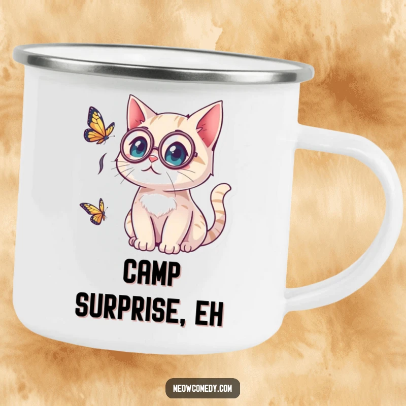 Funny kawaii cat wearing a monocle, looking surprised by a butterfly, ideal for enjoying beverages with a touch of elegant humor outdoors.