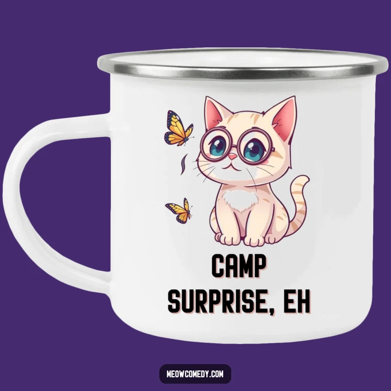 Funny Kawaii Cat Monocle Camping Mug: Surprise Adventure, Outdoor Gift