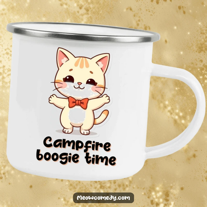 Funny Kawaii Cat Camping Mug: a cute cat in a bow tie, dancing silly, perfect for outdoor adventures and warm drinks.