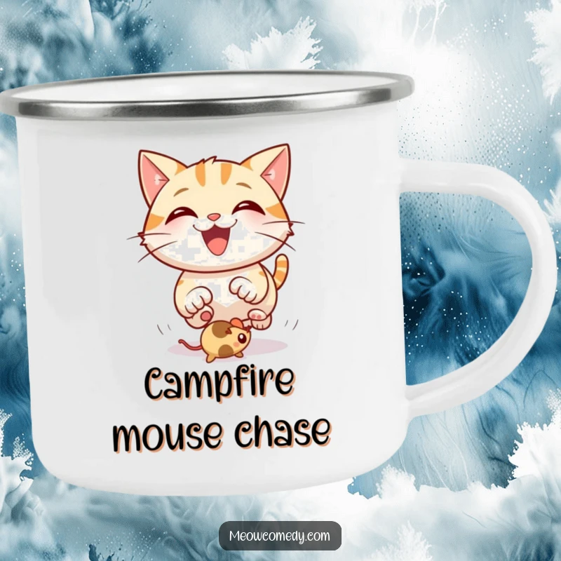 Funny Cat Camping Mug: A sturdy mug showing a happy cat with a big grin, chasing a bouncing mouse toy in nature.