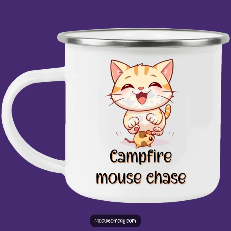 Funny Happy Cat Camping Mug: Trailside Fun with Bouncing Mouse Joy