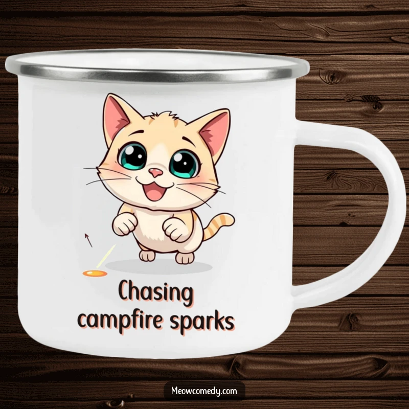 Funny Cat Camping Mug showing a black cat hilariously chasing a red laser pointer dot in an outdoor setting.