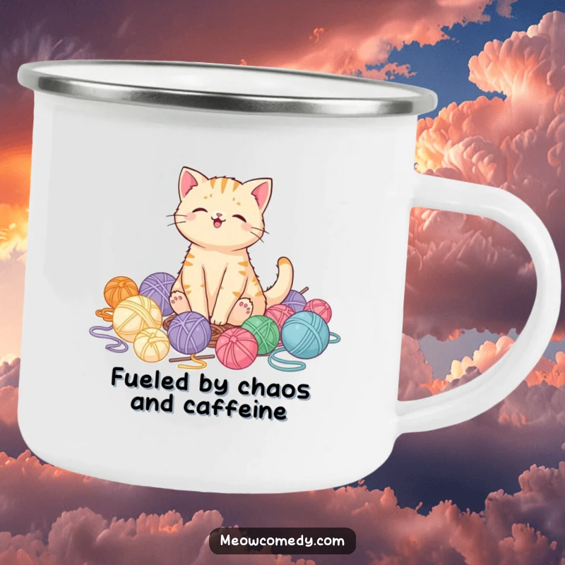 Funny kawaii cat sitting in yarn, looking pleased, durable camping mug perfect for outdoor adventures gift.