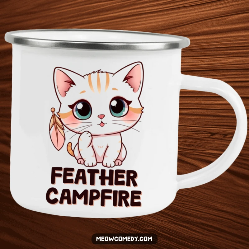 Funny kawaii cat batting at a dangling feather, durable and humorous camping mug for outdoor enthusiasts.