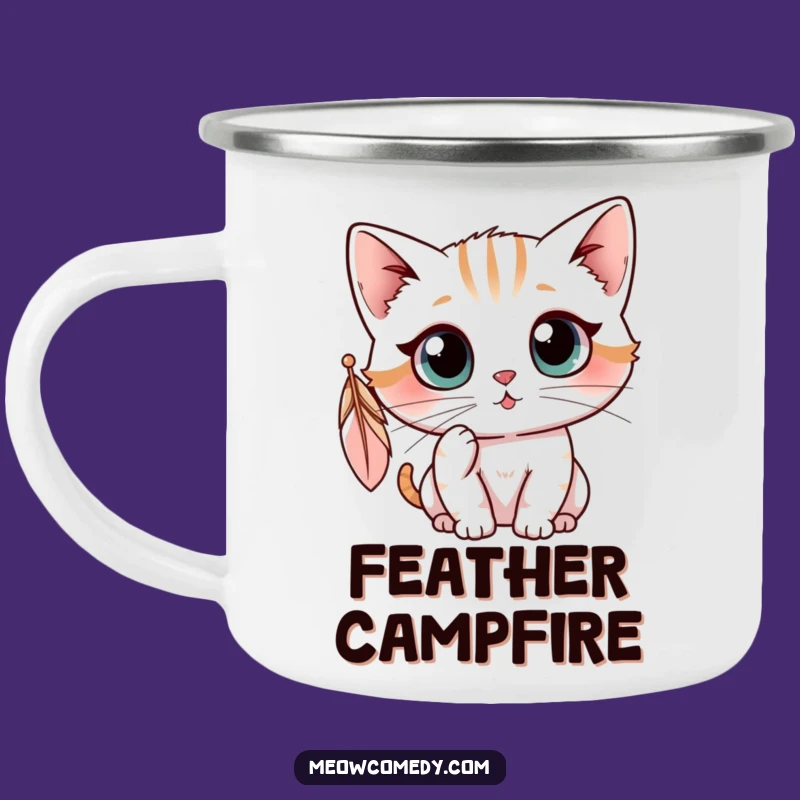Funny Kawaii Cat Feather Camping Mug: Curious Outdoor Cup, Hilarious Gift