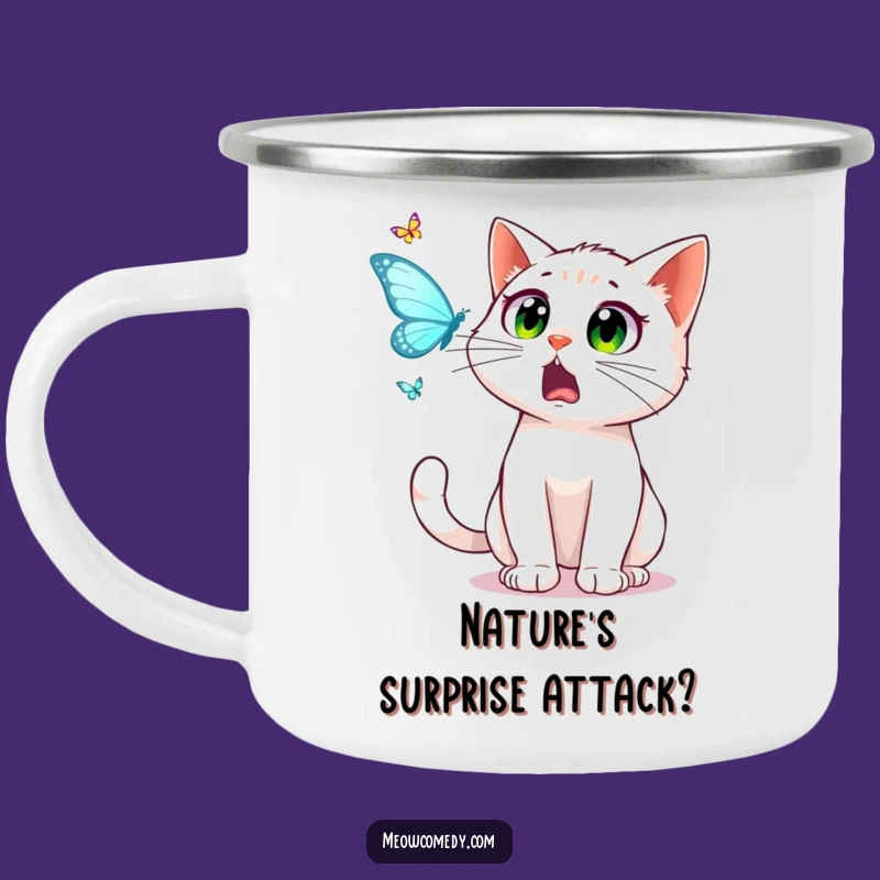 Funny Cat Camping Mug: Startled Eyes Butterfly Chase, Outdoor Gift