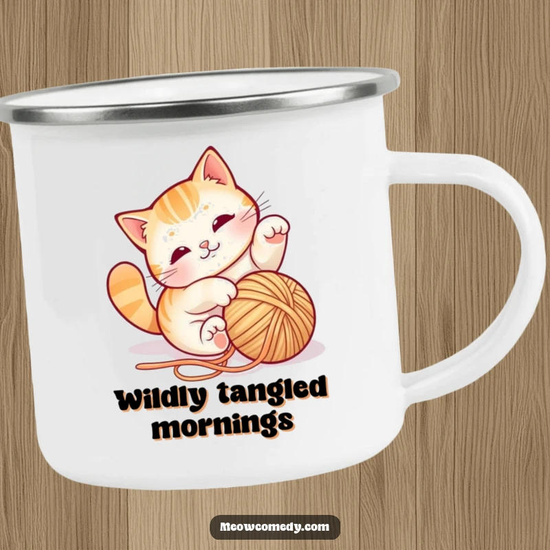 Funny cat yarn camping mug, hilariously tumbling with string, durable and portable for outdoor fun, a playful companion.
